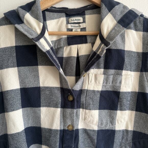 L.L.Bean Women’s Soft-Brushed Midweight Flannel Hoodie Navy Henley Cozy Fall XSP - Picture 5 of 12